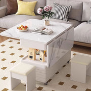 Modern Multifunctional Foldable Coffee Table with Wheels & 2 Stools
